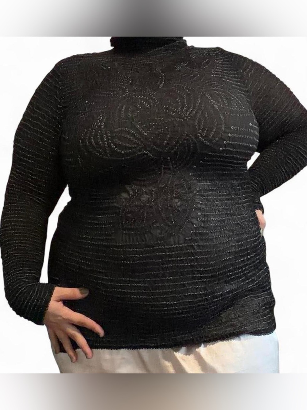 Black Long-Sleeve Sheer Turtleneck Top